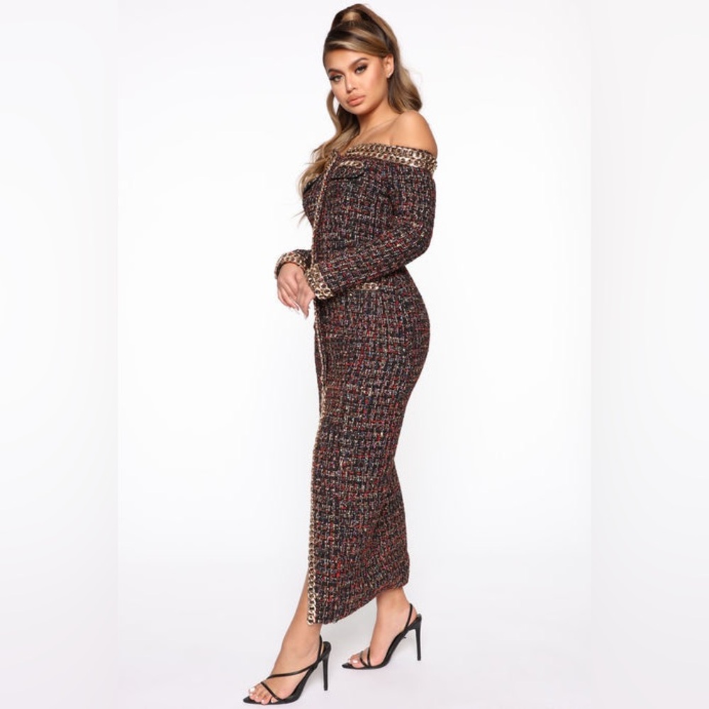 Donnee Par Dieu Tweed Chain Trim Off Shoulder Midi Dress Party Cocktail‎ Size S